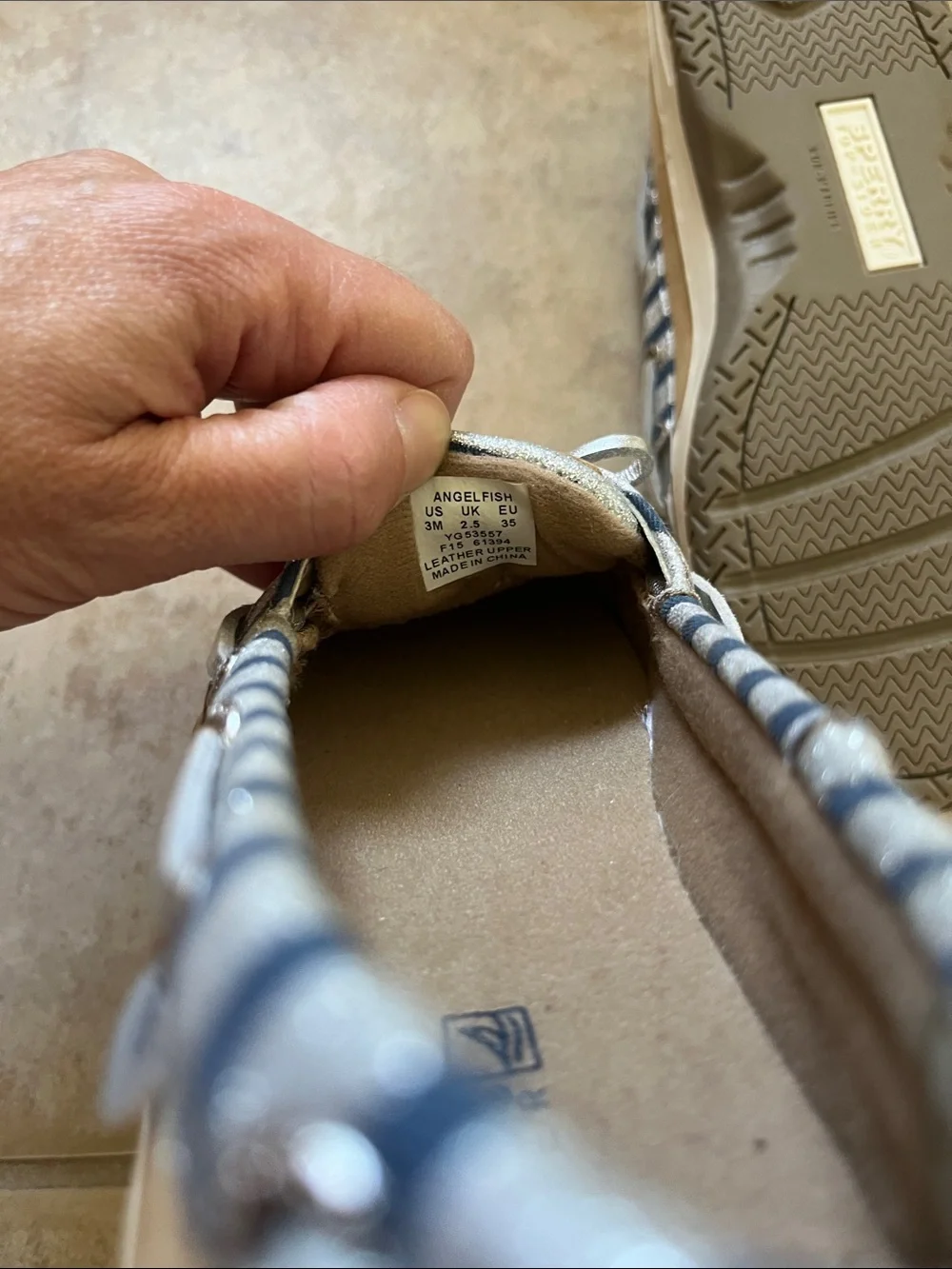 Sperry Kids Tan Leather Moccasins with Navy & Silver Stripes Angelfish